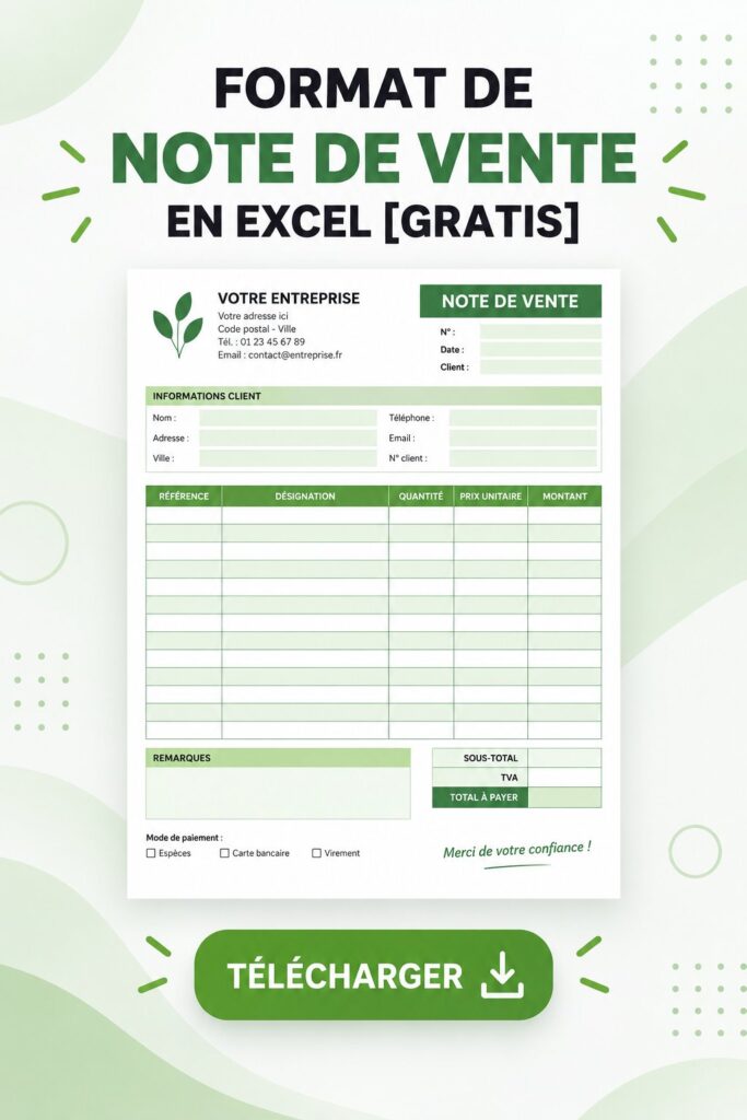 Capture d'écran d'un modèle de note de vente sur Excel, facile à personnaliser.
