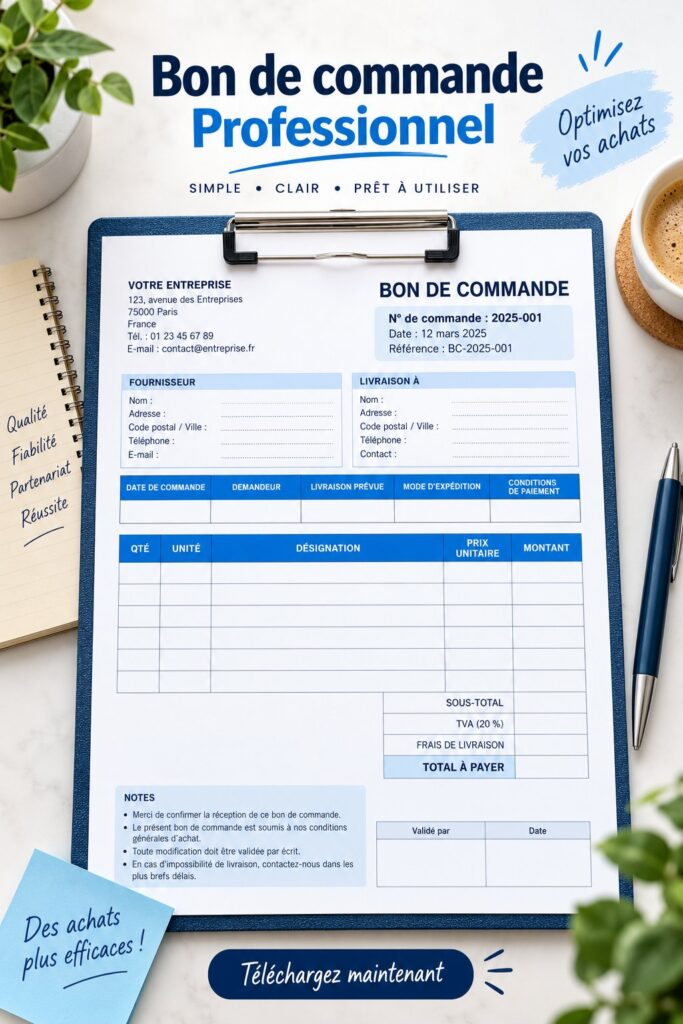 Modèle d'ordre d'achat prêt à télécharger pour une gestion pratique des achats.