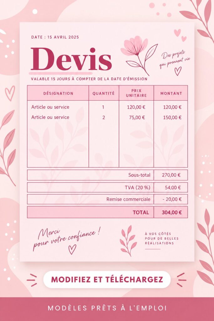 Modèle A4 rose pastel pour devis professionnels