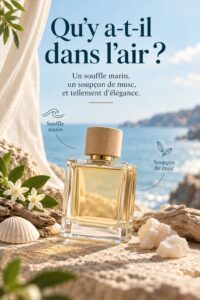 Flacon de parfum frais et élégant évoquant la mer.