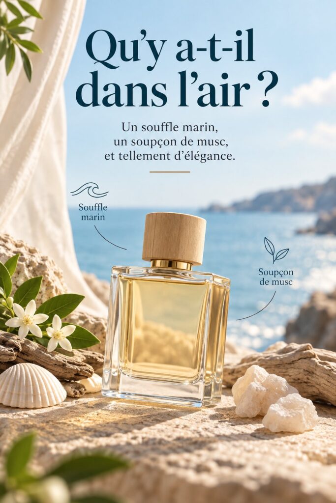 Flacon de parfum frais et élégant évoquant la mer.