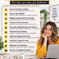Une femme travaillant sur son ordinateur avec des notes sur l'utilisation de ChatGPT pour la vente de produits numériques.
