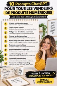 Une femme travaillant sur son ordinateur avec des notes sur l'utilisation de ChatGPT pour la vente de produits numériques.