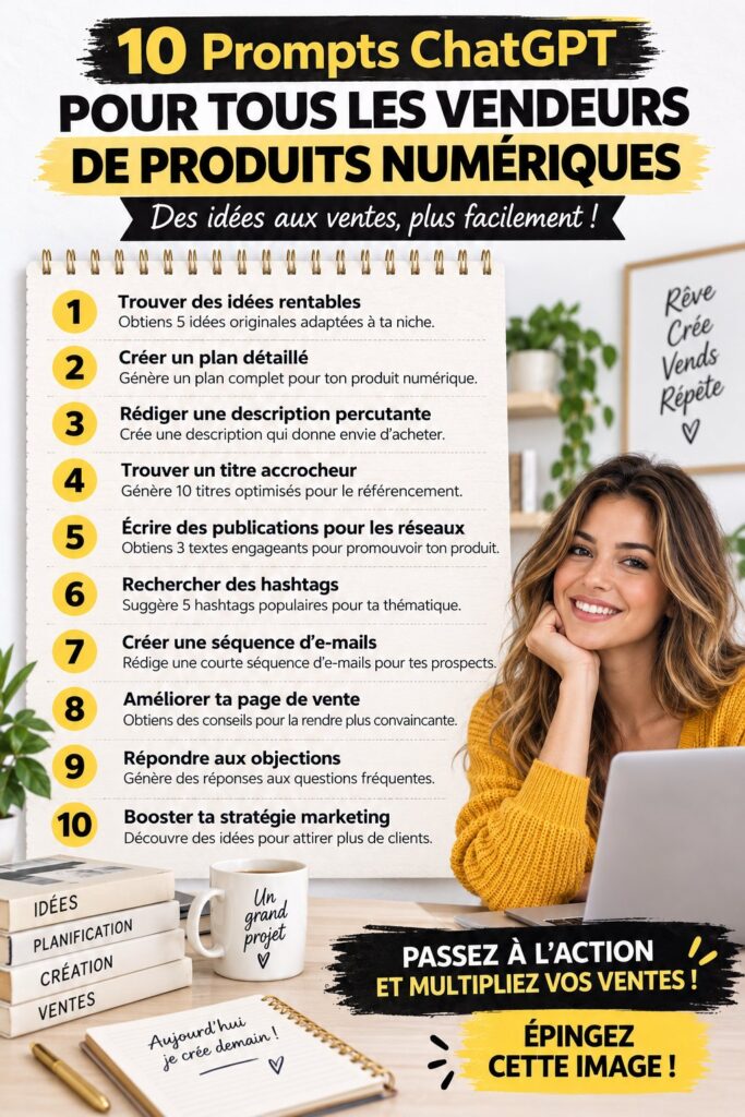 Une femme travaillant sur son ordinateur avec des notes sur l'utilisation de ChatGPT pour la vente de produits numériques.