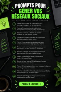 Visuel d'un tableau coloré illustrant des prompts créatifs pour réseaux sociaux