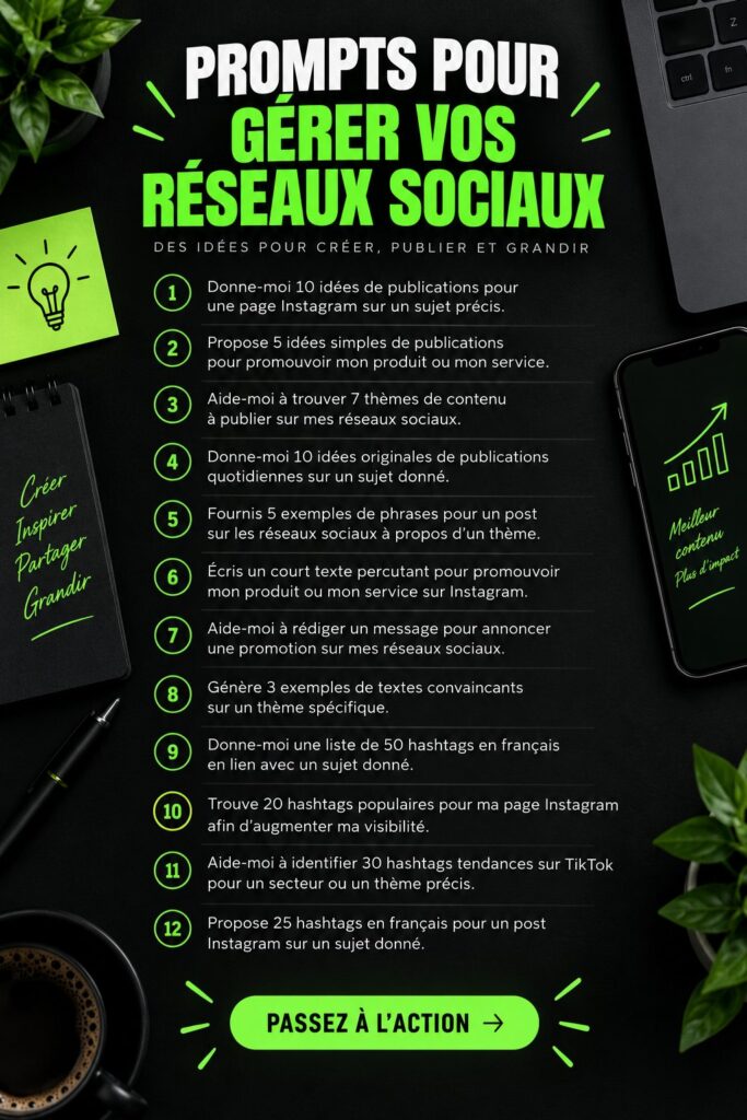 Visuel d'un tableau coloré illustrant des prompts créatifs pour réseaux sociaux