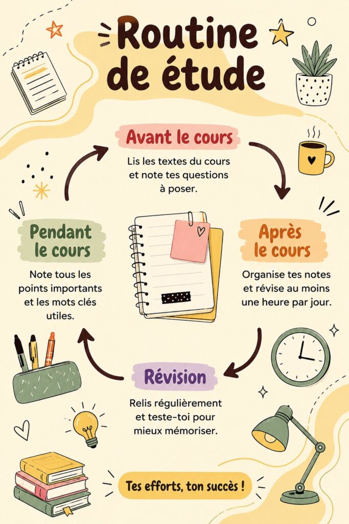 Une femme concentrée en train d'étudier avec un planner et des stylos pour une routine d'étude efficace.