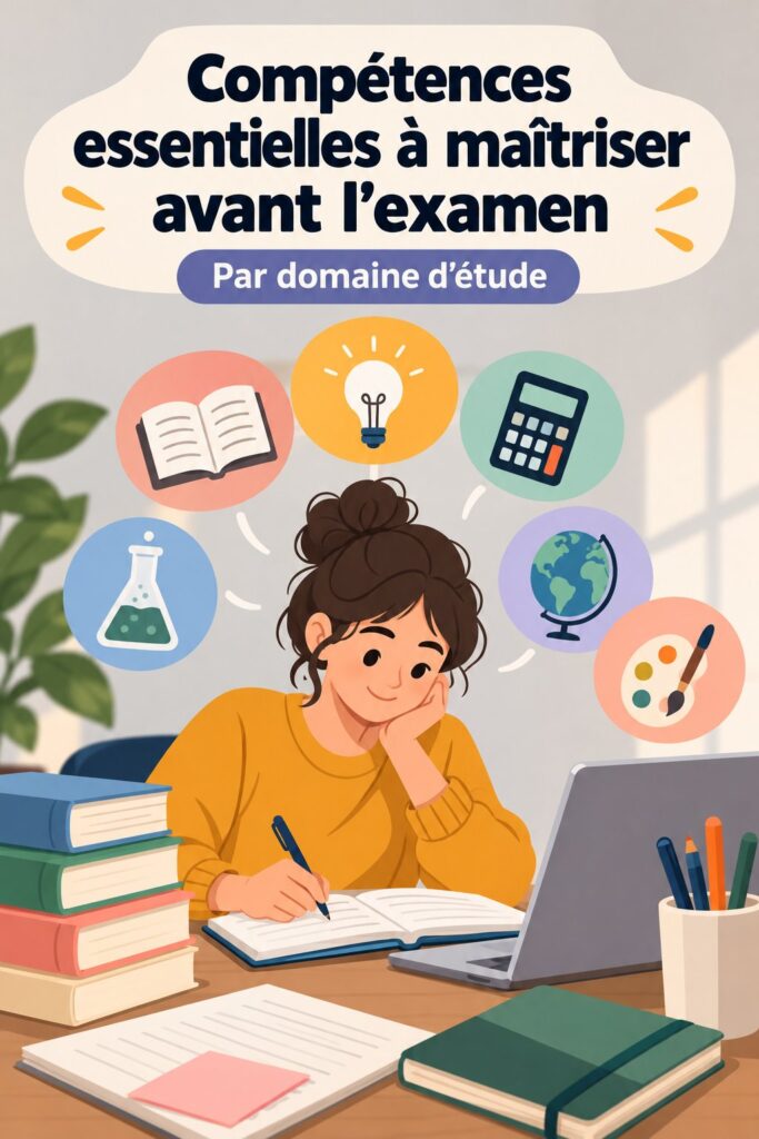Femme réfléchissant à des compétences essentielles avant son examen.