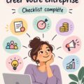 Une femme réfléchit devant un ordinateur avec des notes sur le sida, symbole de l'entrepreneuriat.