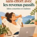 Femme sereine devant son ordinateur avec des graphiques de revenus passifs en arrière-plan.