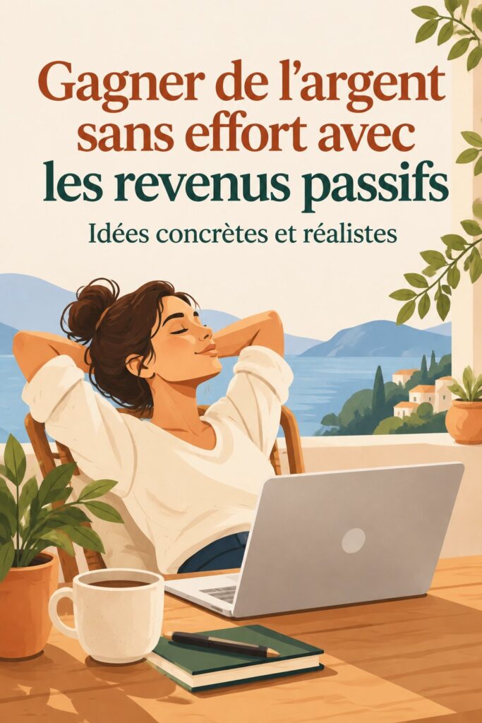 Femme sereine devant son ordinateur avec des graphiques de revenus passifs en arrière-plan.