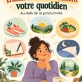 Femme souriante lisant un livre sur des habitudes positives.