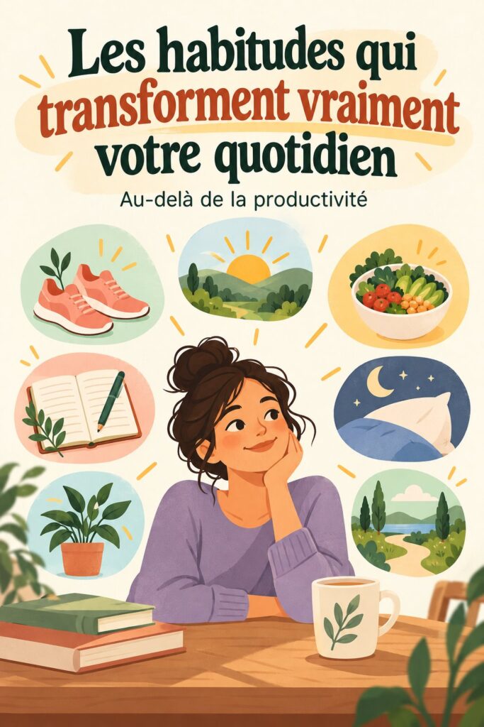 Femme souriante lisant un livre sur des habitudes positives.