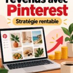 Une femme utilisant Pinterest sur un ordinateur, illustrant l'entrepreneuriat et la productivité.