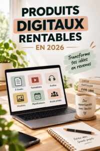 Femme entrepreneure travaillant sur un produit numérique rentable pour 2025.