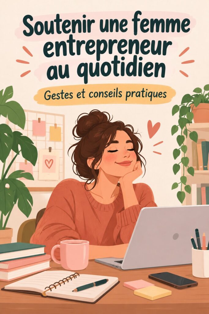 Femme entrepreneure souriante travaillant sur son ordinateur en café, symbolisant le soutien dans l'entrepreneuriat.