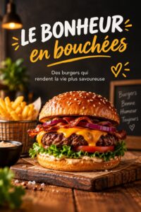Une femme dans un restaurant utilisant les réseaux sociaux pour promouvoir son business de burgers